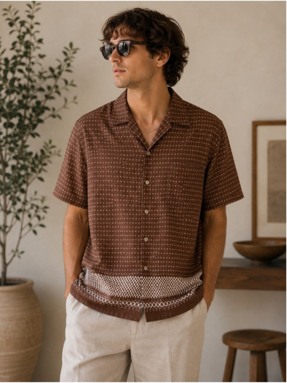 Perry Ellis Brown Geometric Retro 100% Cotton Short-Sleeve Button-Down Shirt S